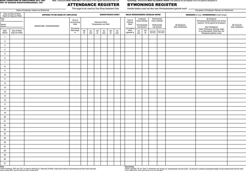 a4 12 month attendance register employee attendance register